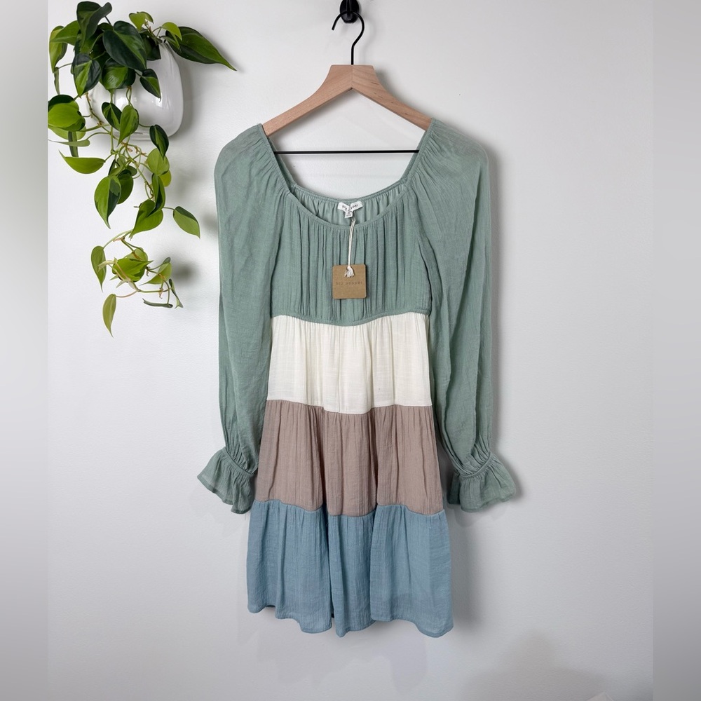 Blu Pepper Long Sleeve Tiered Colorblock Dress - Sage, Cream, Taupe, Dusty Blue